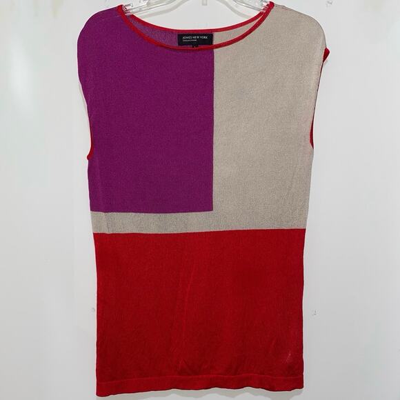 Jones New York Color Block Shell Size Large Purple Tan Red Lightweight Knit Top - Picture 6 of 6